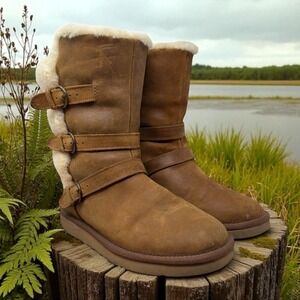 UGG Women's‎ Size 7 Fur Lined 3 Buckle Winter Tan Leather Boots S/N 1005380